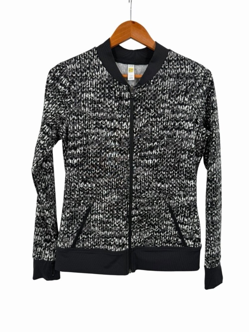 LOLE Women's Black White Abstract Pattern Crew Neck Full Zip Active Jacket MED - Picture 1 of 6